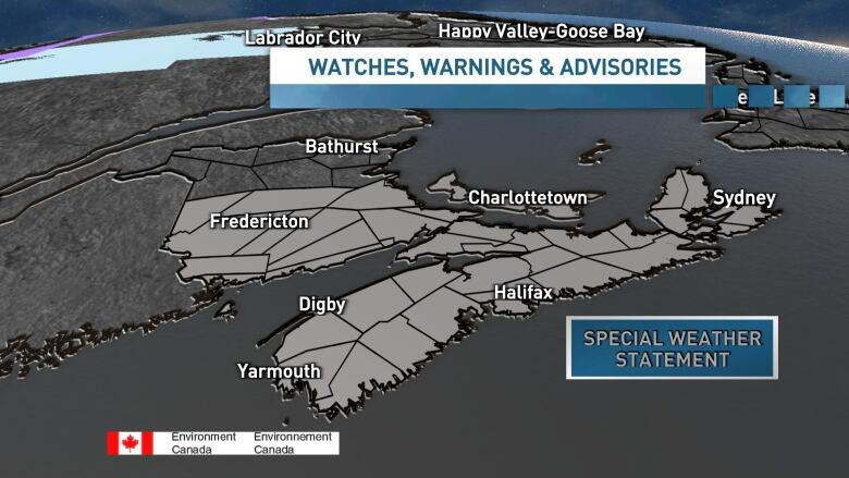 Graphic showing areas in the Maritimes affected by special weather statements