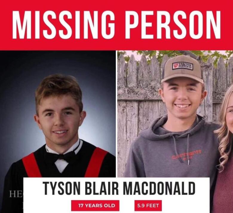 Two photos of a smiling young man, one in a graduation gown, are seen under a red and white banner saying MISSING PERSON.