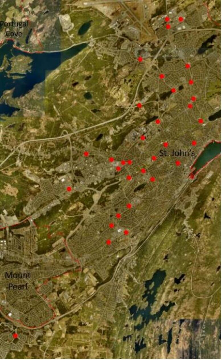 A map of St. John's with red dots marking intersections.