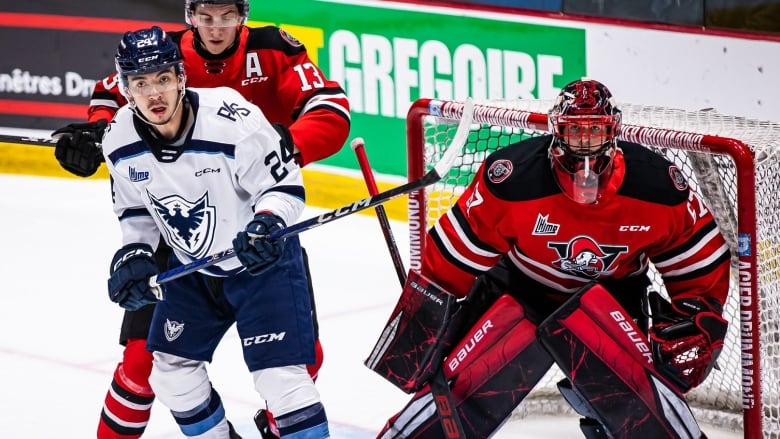 a hockey player stands beside opposing net and goalie