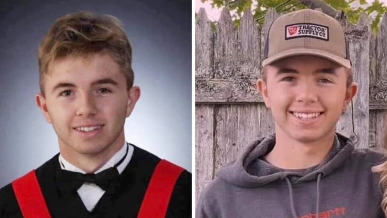 Side-by-side photos of a smiling male teenager, one a grad photo and the other with him in casual clothes.