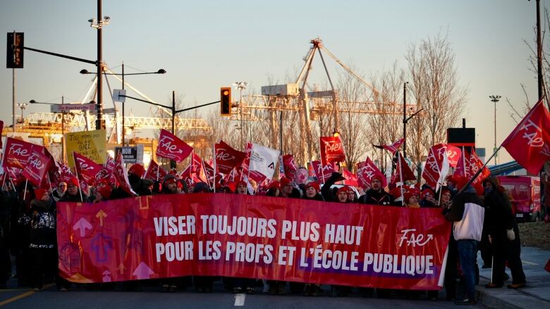 FAE protesters blocking Montreal's port with banners and signs