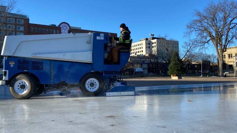 A Zamboni is driven on an ice track in Fredericton.