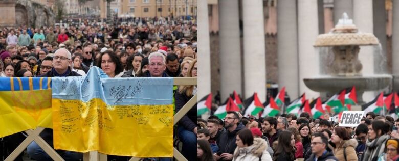 Left: a crowed behind Ukraine flags. Right: People waving about a dozen Palestinian flags.