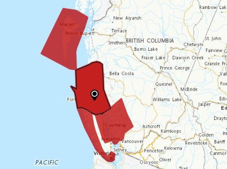 A map showing areas marked in red to demonstrate which parts of the province will be hit by high winds