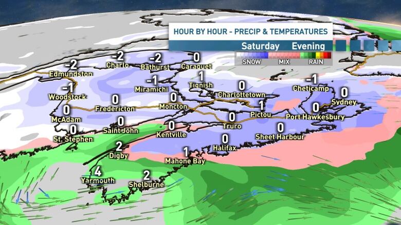 A map showing expected precipitation and temperatures on Saturday evening.