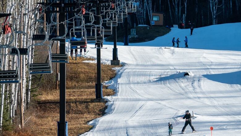 Skiers ski down a snowy hill that has green located on its left-hand side.