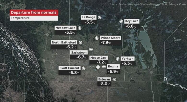 A map showing how much below average temperatures were in March in Saskatchewan.