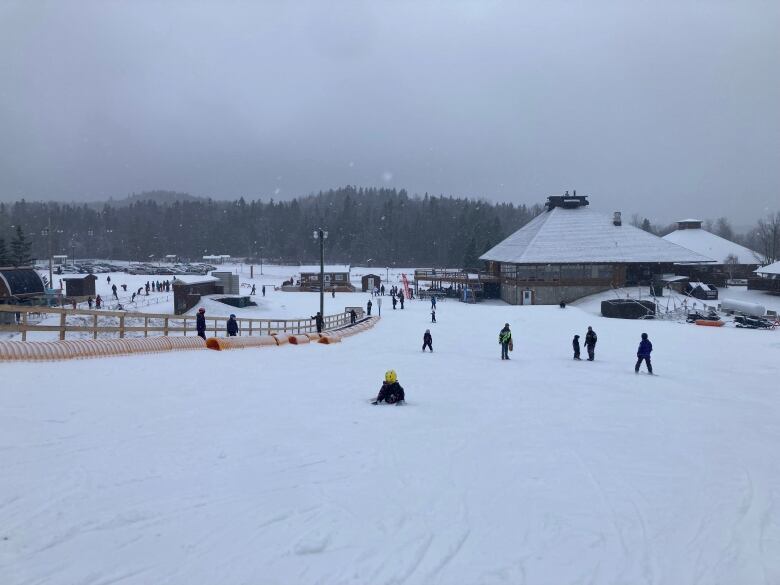 A skill hill, with light snow falling