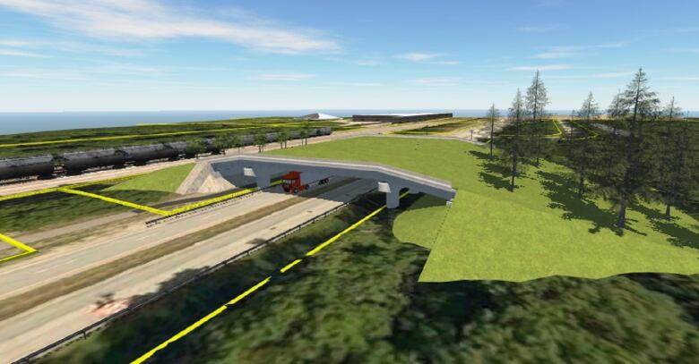 A computer rendering of a grass-covered bridge over a multi-lane roadway.