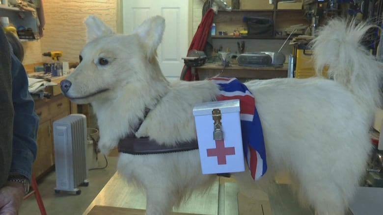 A taxidermied white dog, with a donation box strapped to it along with a Union Jack.