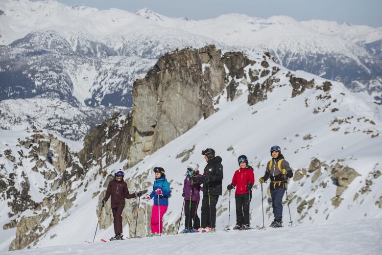 People in colourful winter gear are on skies and holding poles at the edge of a mountain slope. In the background are massive mountains covered in snow. 