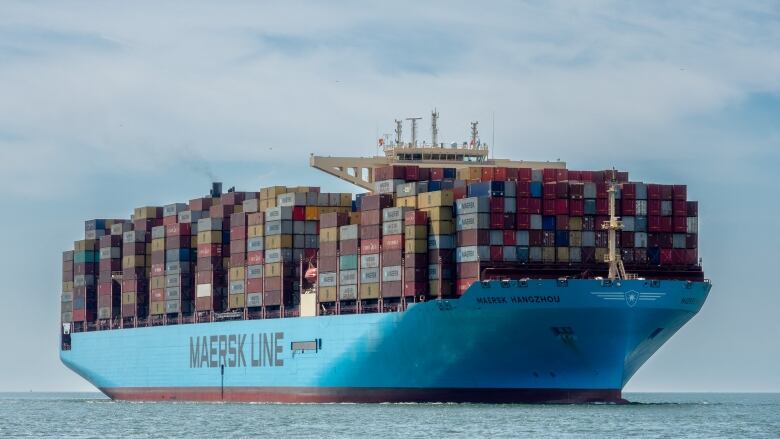 A loaded container ship sails near the Netherlands.