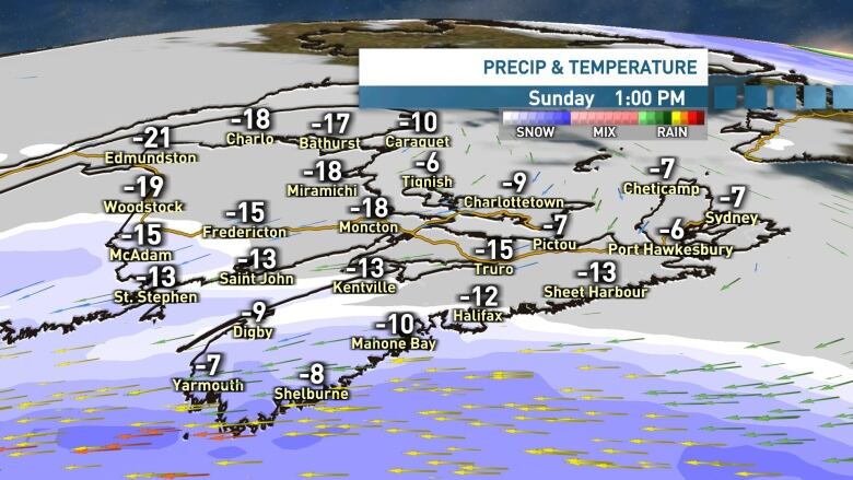 A chart shows cold temperatures in Nova Scotia forecasted for Sunday at 1 p.m. In Halifax, for instance, it will be -12. 