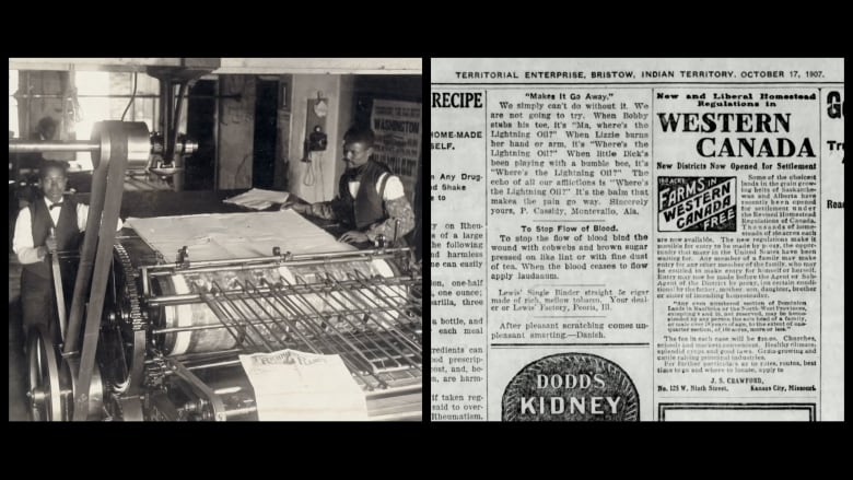 On the left, an archival image of two men on either side of a printing press. On the right, a column in a newspaper from 1907 reads: 