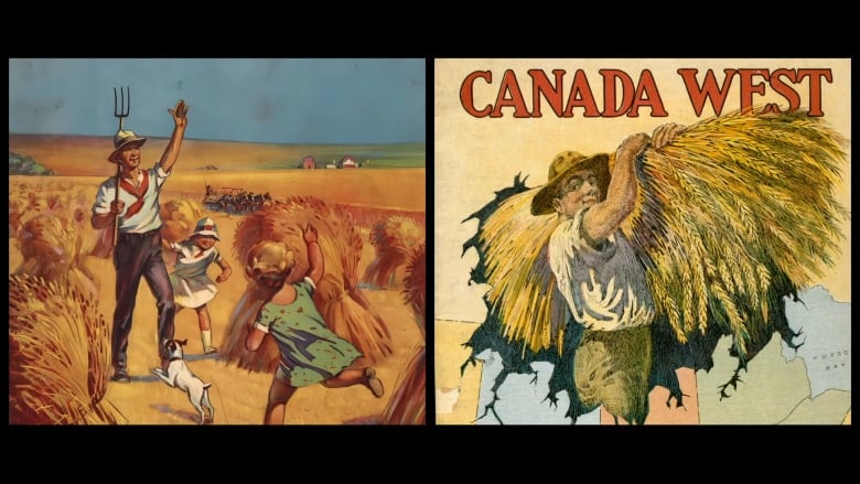 Colourful archival drawings of farmers with wheat. On the right, image says 