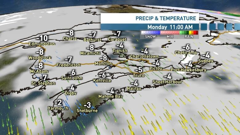 A weather map of the Maritimes is shown.