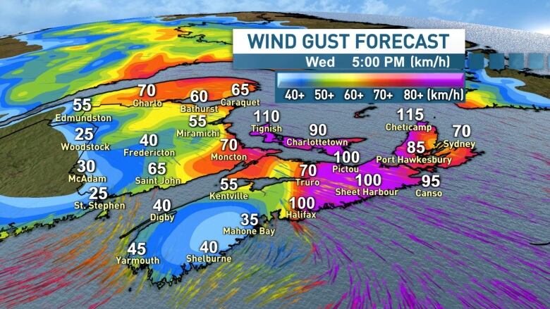 map of maritimes with wind details