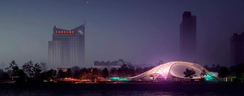 A colorful canopy structure is shown in a digital concept with the Caesars Windsor casino towering behind it at Festival Plaze.