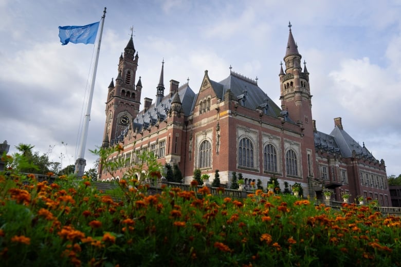 A view of a palace with a light blue flag waving on a pole beside it. 