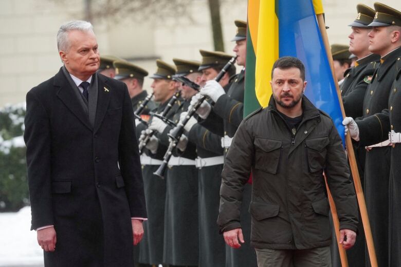 Ukraine's President Volodymyr Zelenskyy attend a welcoming ceremony in Vilnius, Lithuania where he met with Lithuania's President Gitanas Nauseda on  January 10, 2024. 