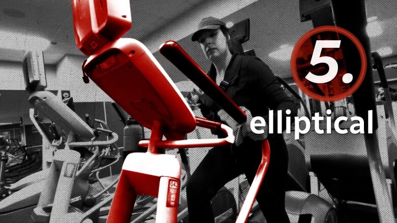 A woman on an elliptical machine. A red graphic reads, 