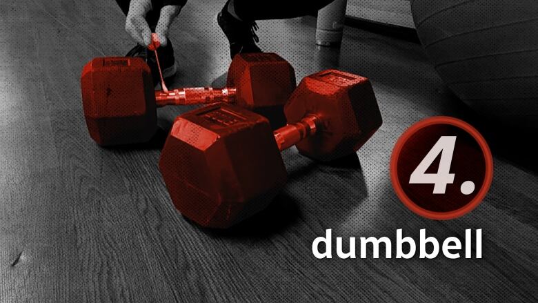 Two dumbbell weights, with a red graphic reading, 