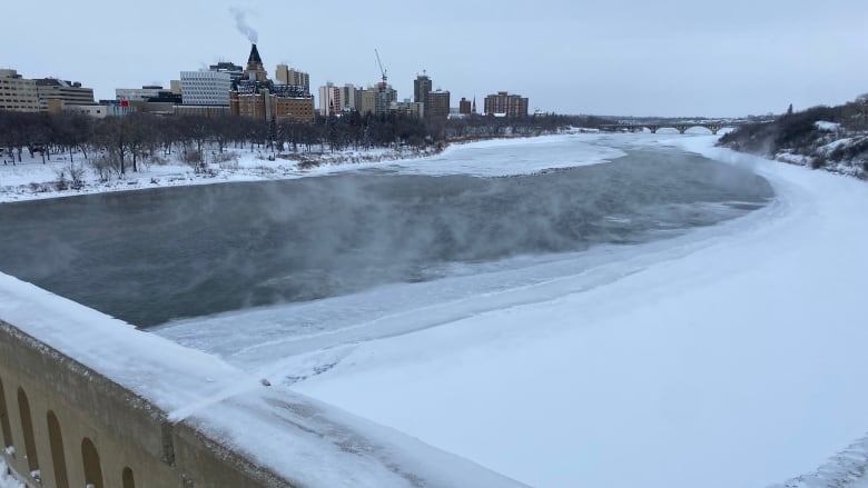 Frost and mist rising from the South Saskatchewan river in Saskatoon. 