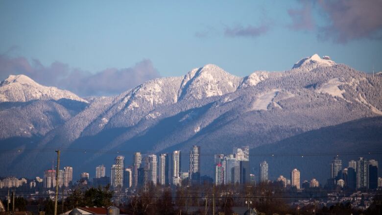 A city sits at the base of snow-capped mountains