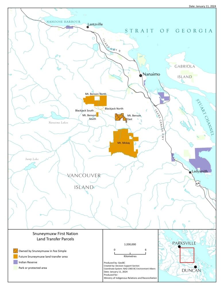 A map depicting the land that will be transferred back to the Snuneymuxw on Mt. Benson. 