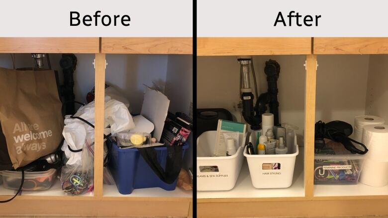 A messy cabinet contrasted with a clean cabinet, the before has bathroom stuff all over the place, the after has things in nice neat bins.