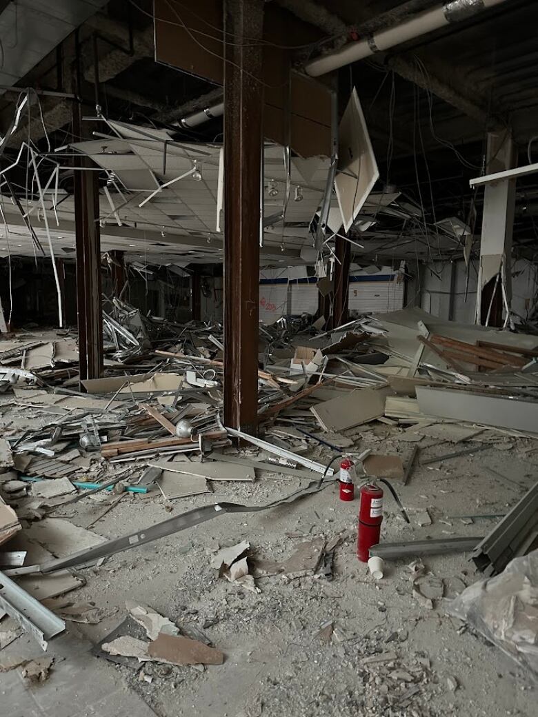 Debris and damage in a building.