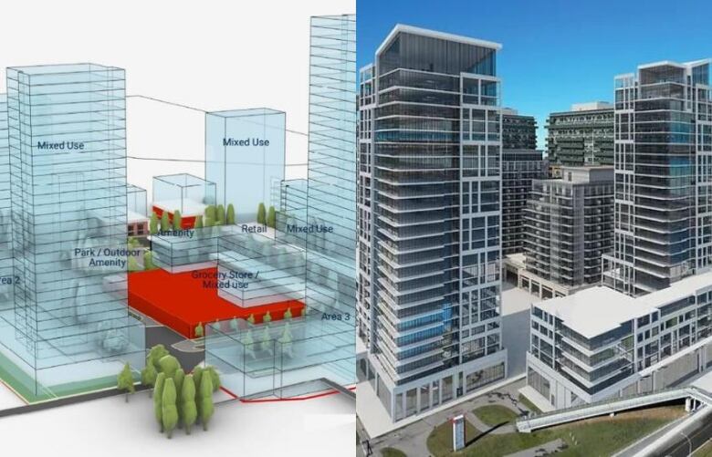 Two renderings of a proposed series of towers at 14th Street S.W. and 90th Avenue S.W.  The developer's is theoretical and uses opaque blocks. Not so the other.