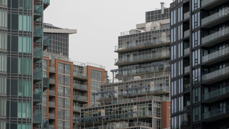 Image of several tall apartment buildings in a neighbourhood.