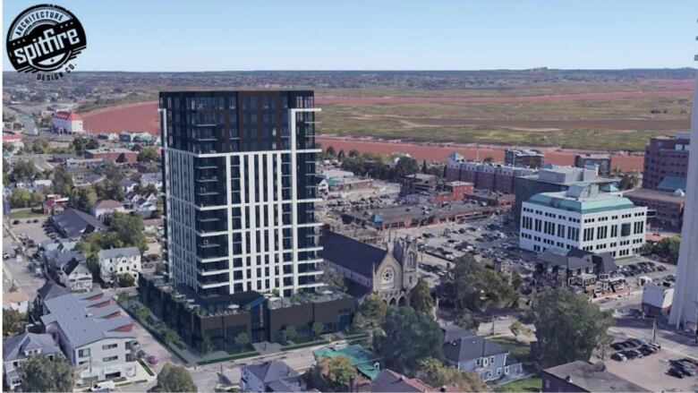 A 3D rendering showing a black and white building rising far above most of the surrounding buildings