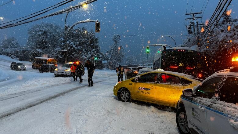 Scrambled traffic with snow.