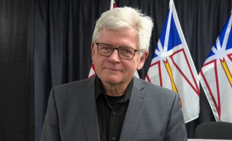 A man in a grey suit standing in a media room with flags hung in the background. 