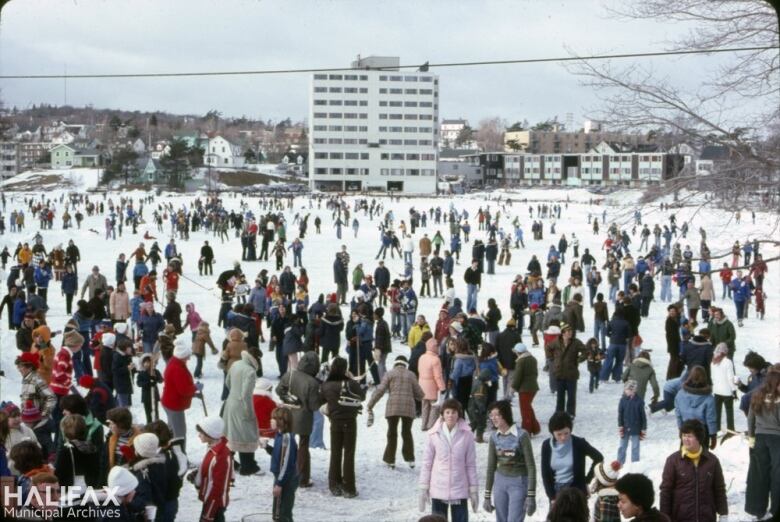 A crowd of people enjoy a skate on Chocolate Lake in this archival photo from February of 1977.