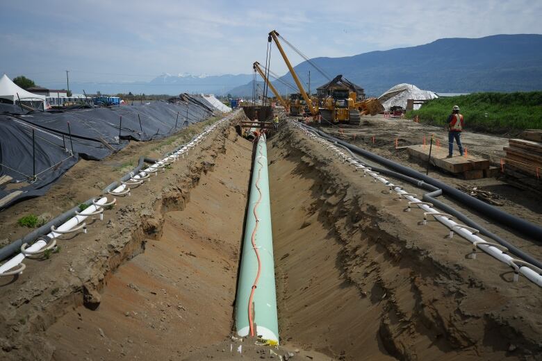 Cranes lower pipeline into a ditch with mountains in the background.