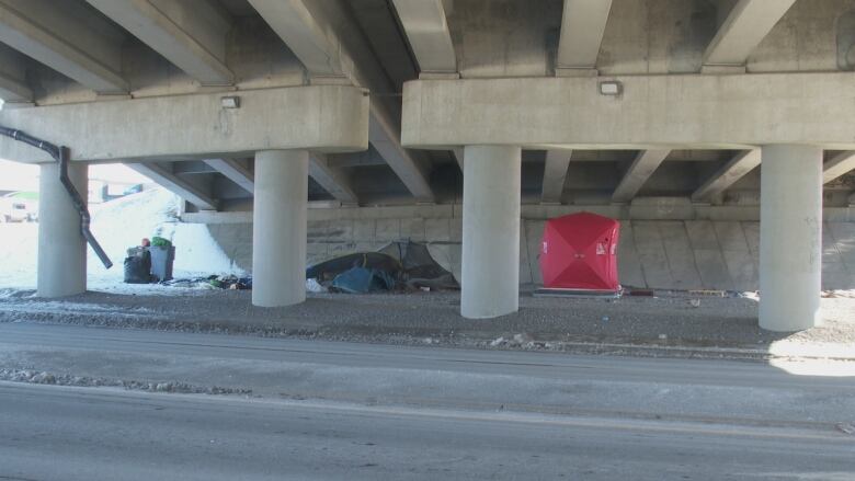 Tents set up under an overpass. 