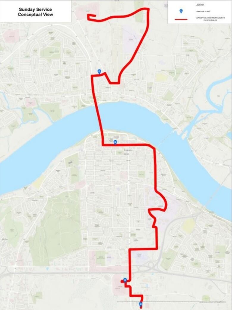 A map showing a proposed bus route in Fredericton.