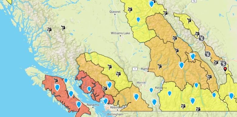 A map showing avalanche risk in different parts of B.C.