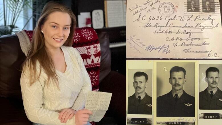 A collage of a woman holding an old letter on the left, a close up picture of the front of an old envelope in the top right, and a series of images of a man in a military uniform on the bottom right. 