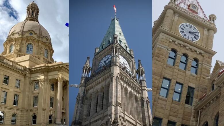 In a three-photo montage we see, from the left, the Alberta Legislature Building, Centre Block on Parliament Hill, and old Calgary City Hall.