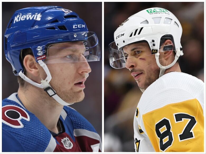 A side by side image shows hockey superstars Nathan MacKinnon and Sidney Crosby.