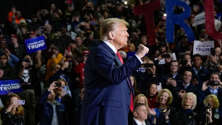 Trump pumps fist on stage, with crowd in background