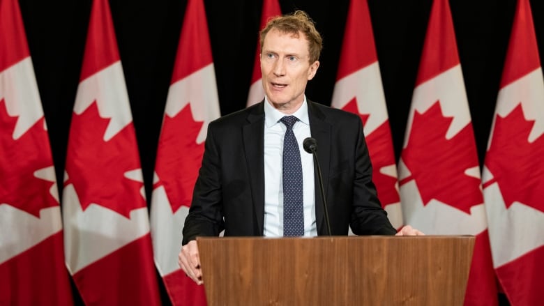 Man standing at a podium with Canadian flags behind him.