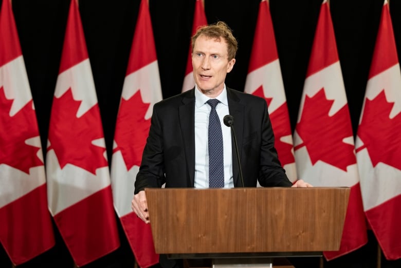 Man standing at a podium with Canadian flags behind him.