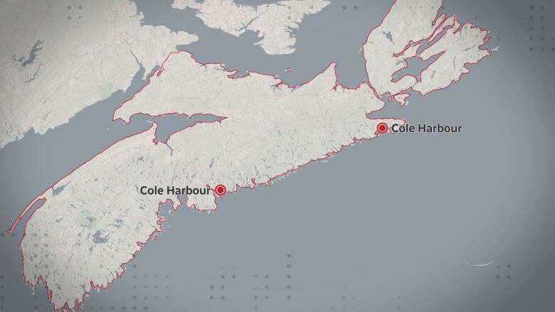 A map of Nova Scotia highlights two communities that are both named Cole Harbour.