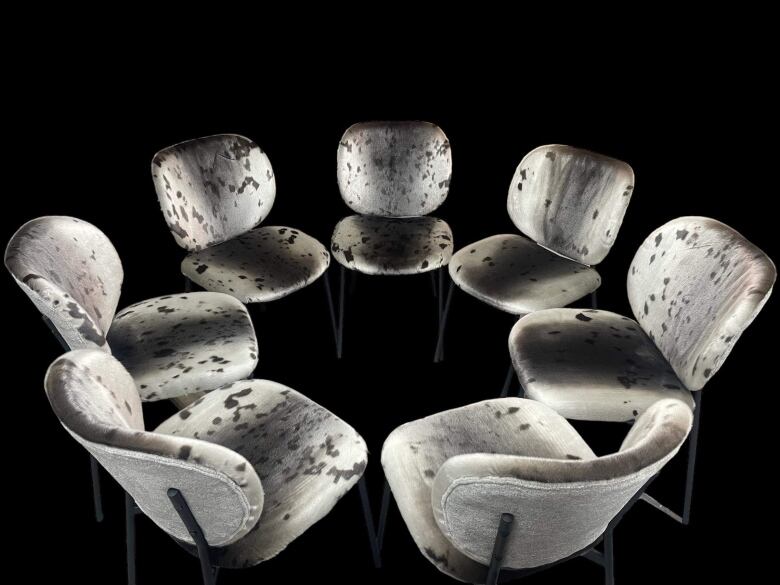 Seven sealskin chairs are positioned in a circle. 